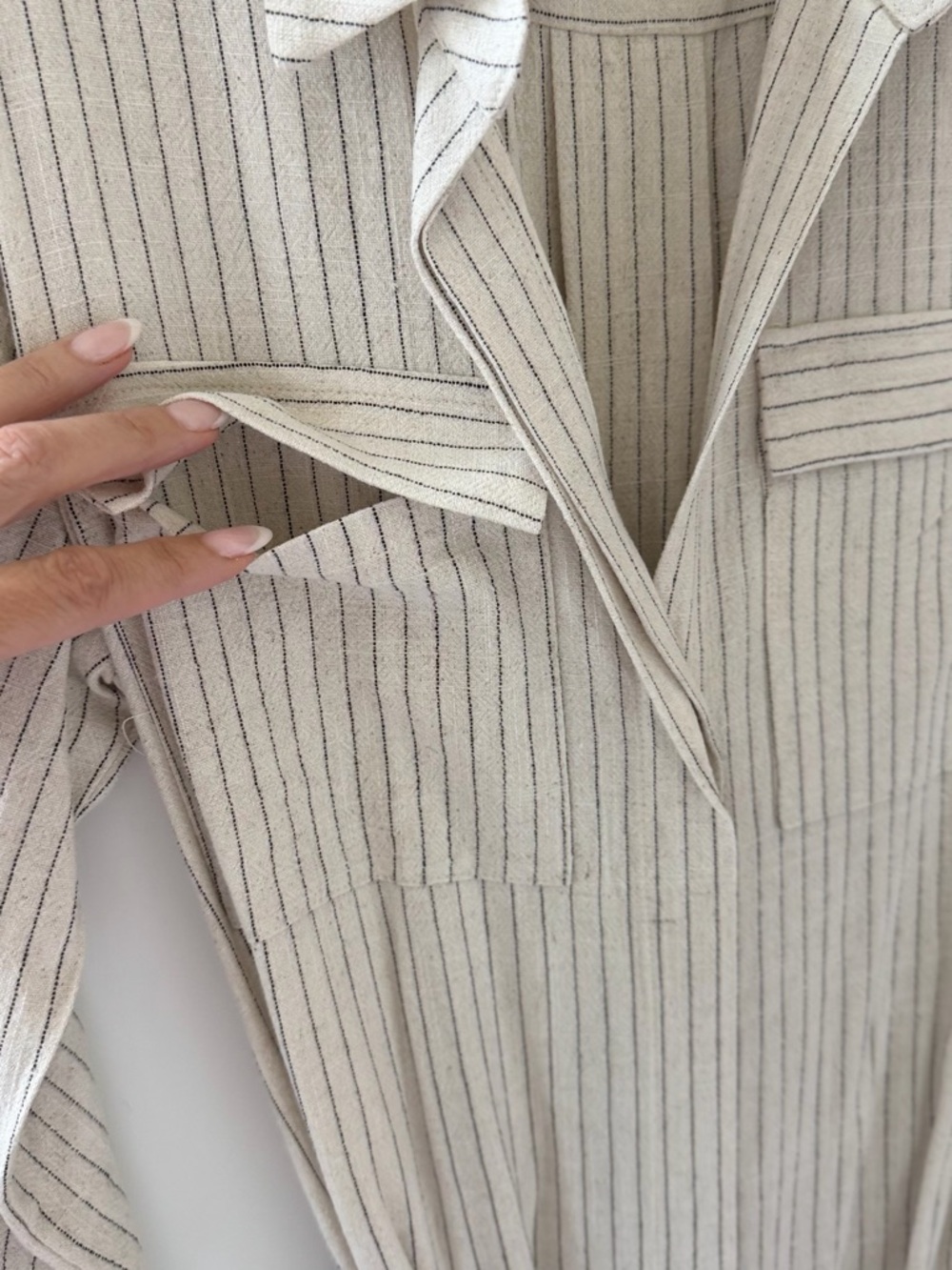 Vici Cream Pinstripe Shirt Dress with Collar and Waist Tie - Picture 3 of 4